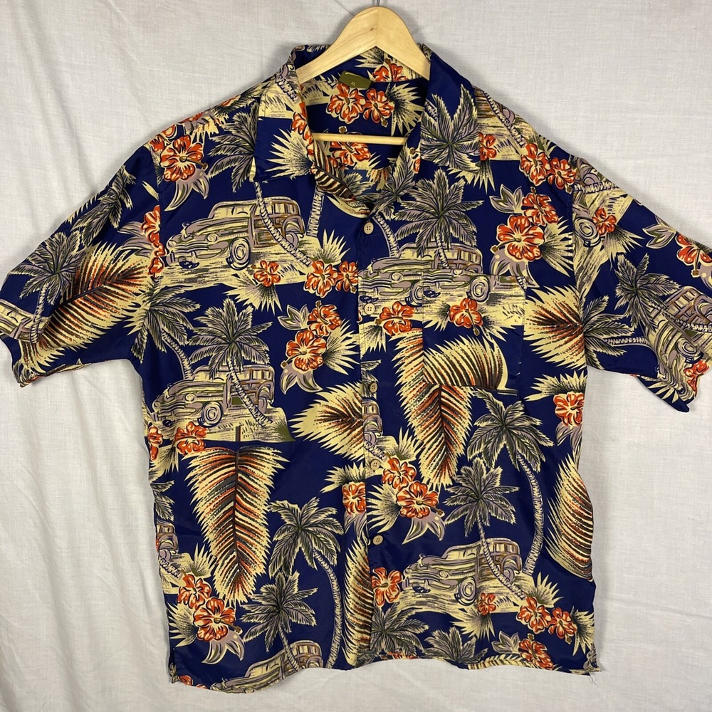 Vintage O'lico Hawaiian Shirt XL Blue Woody Surf Hibiscus Palm